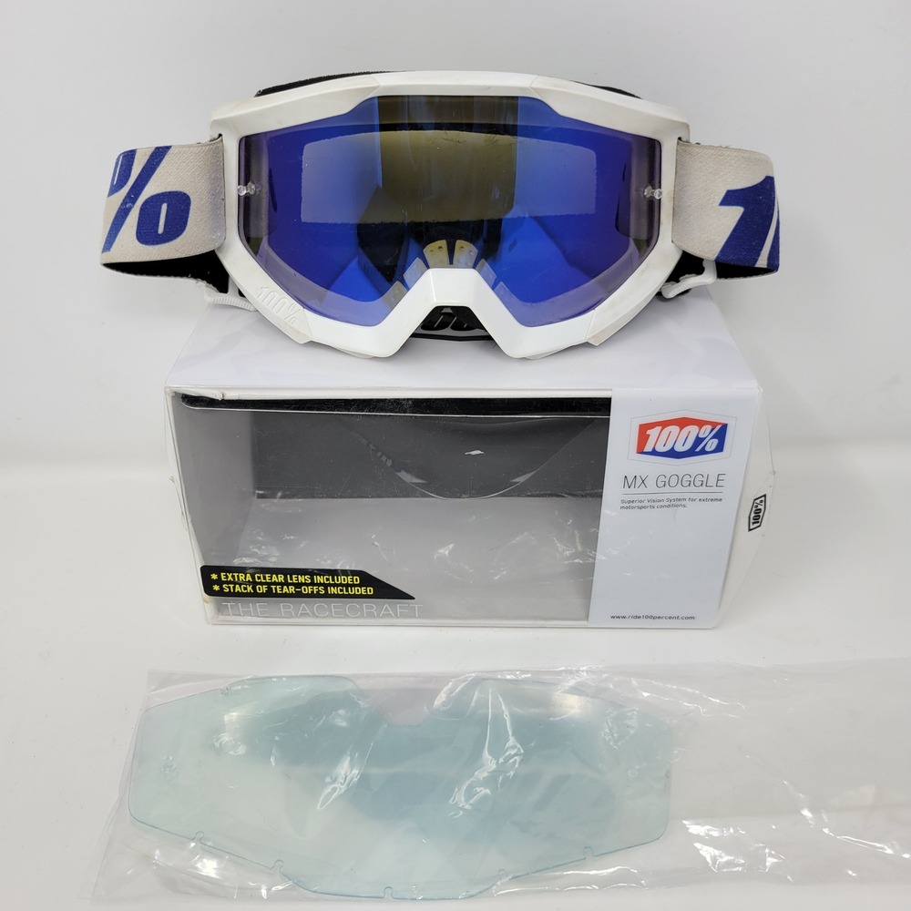 100% The Racecraft MX Motocross‎ Goggles White Blue Mirror Lens with Extra Lens